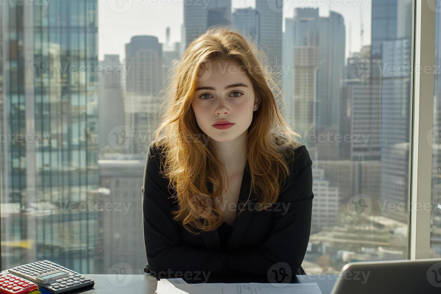 Young businesswoman at desk, city view, serious expression, office work photo