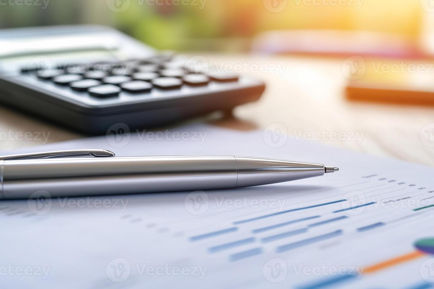 Business documents, pen, calculator, blurred background, office scene, analysis, use for stock photo