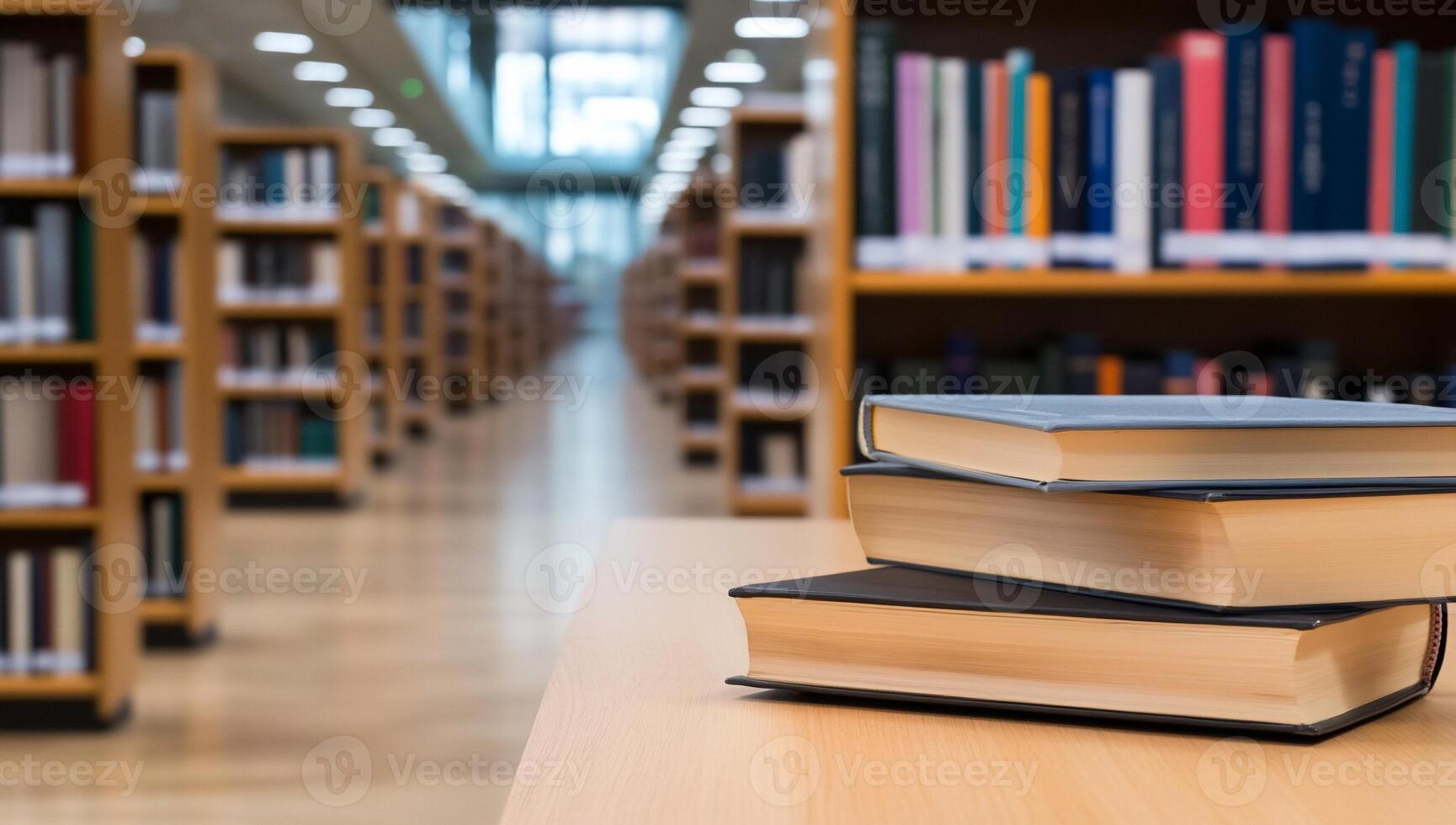 Books on library table, aisle background, education photo