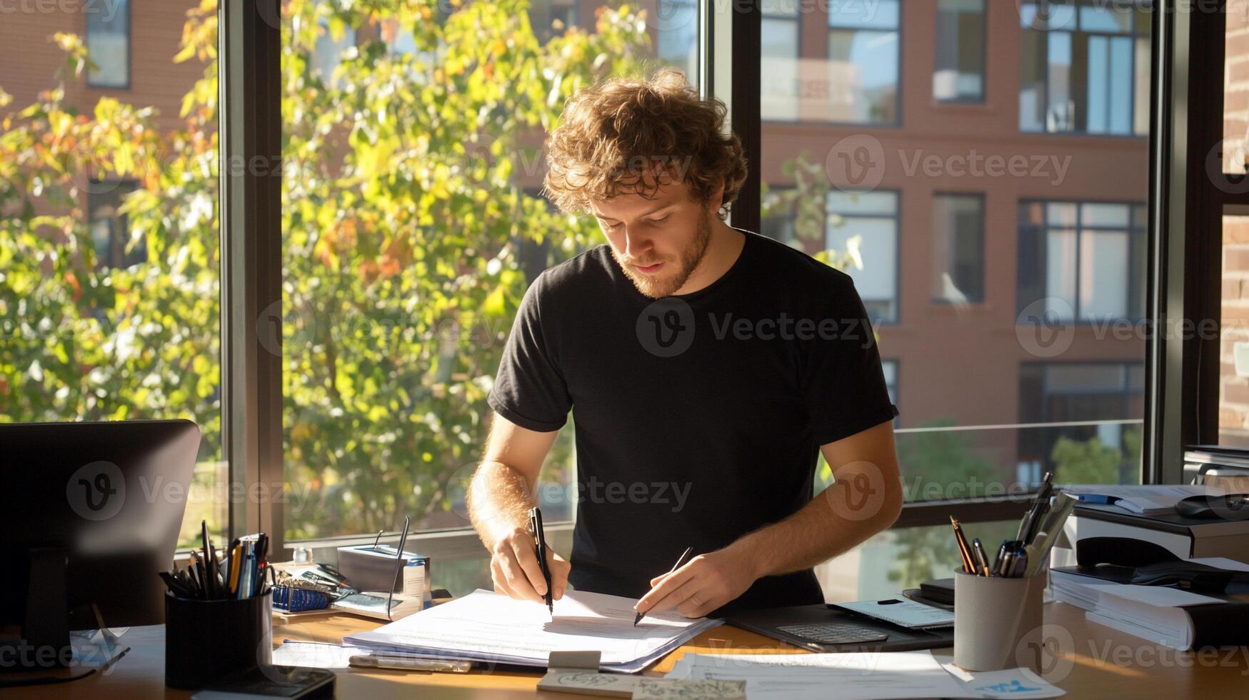 Man Working at Desk, Sunlight Through Window photo