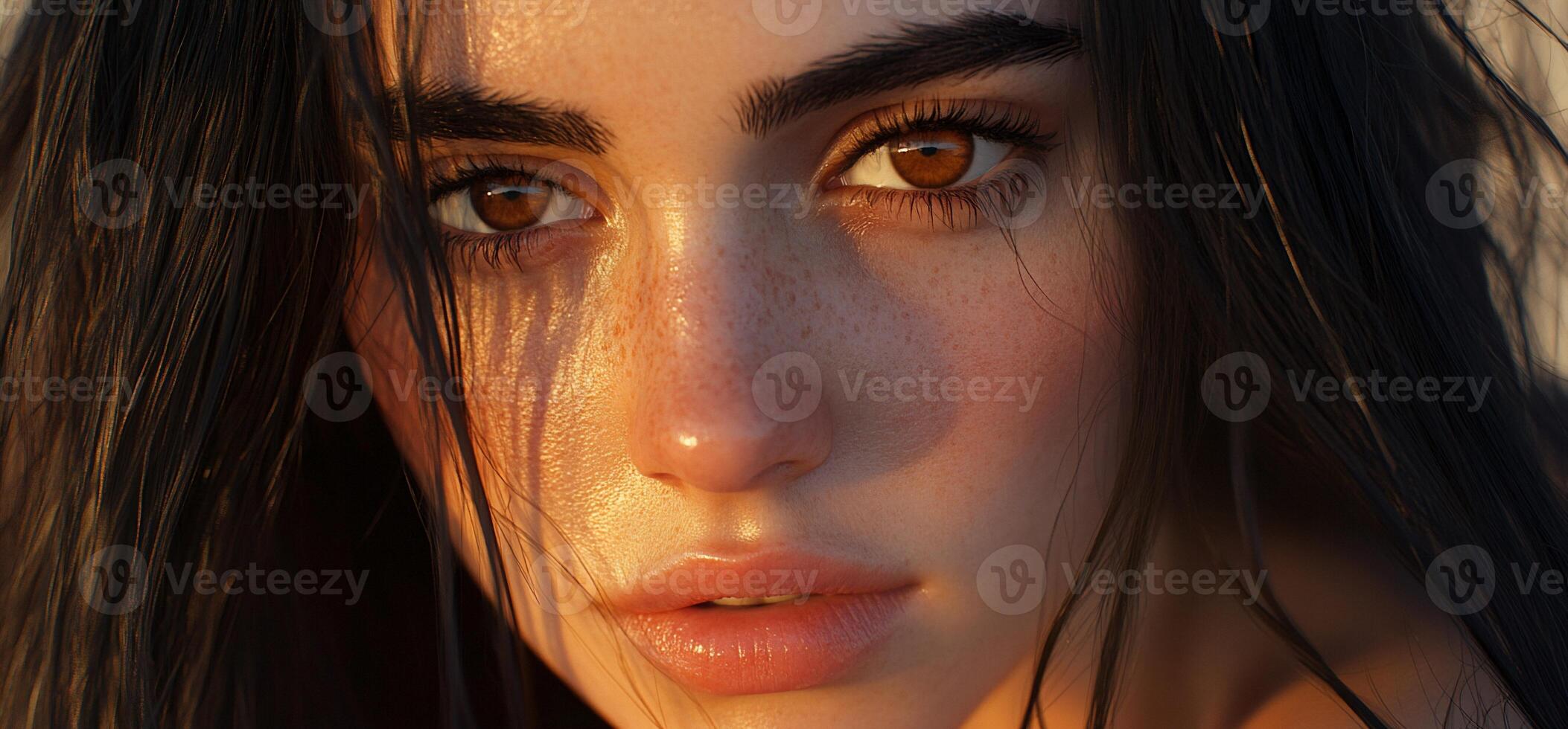Woman's Close-up Face, Golden Light, Sunset photo