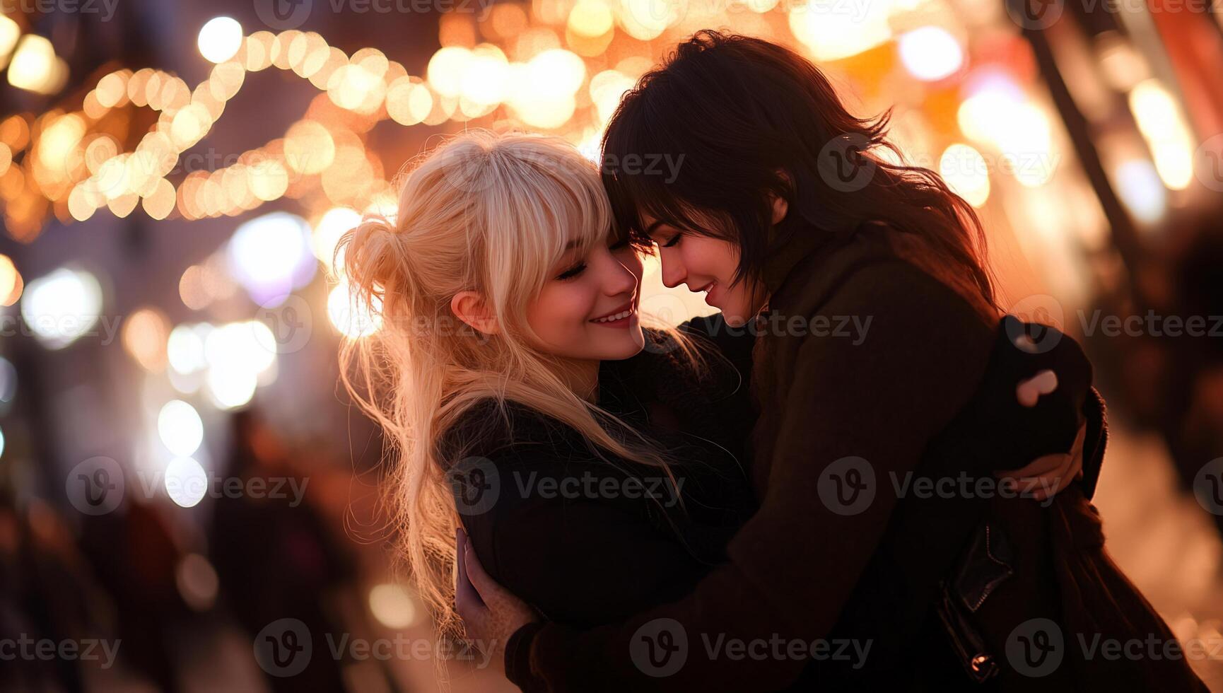 Two women hugging in the street at night photo