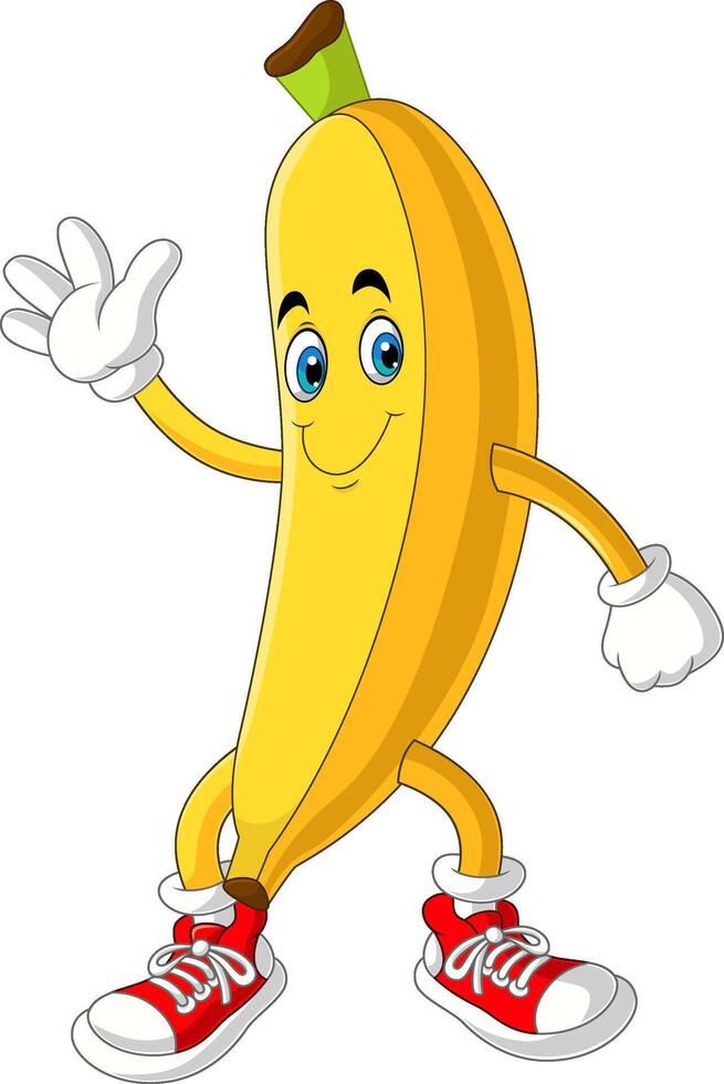 Cartoon a happy banana mascot character waving hand vector