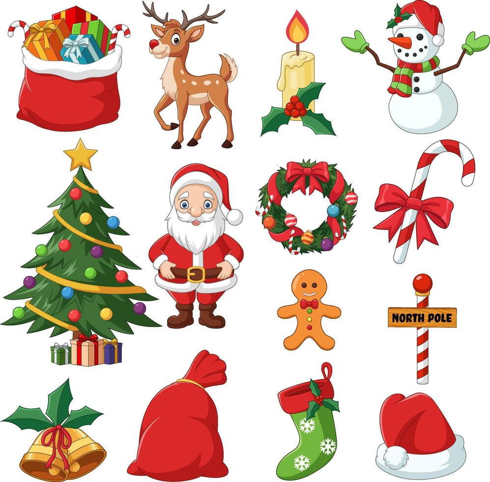 Merry Christmas elements set with Santa clause, snowman, Christmas tree, toys, bell, sweets, candle, gift box, holly, cookies vector