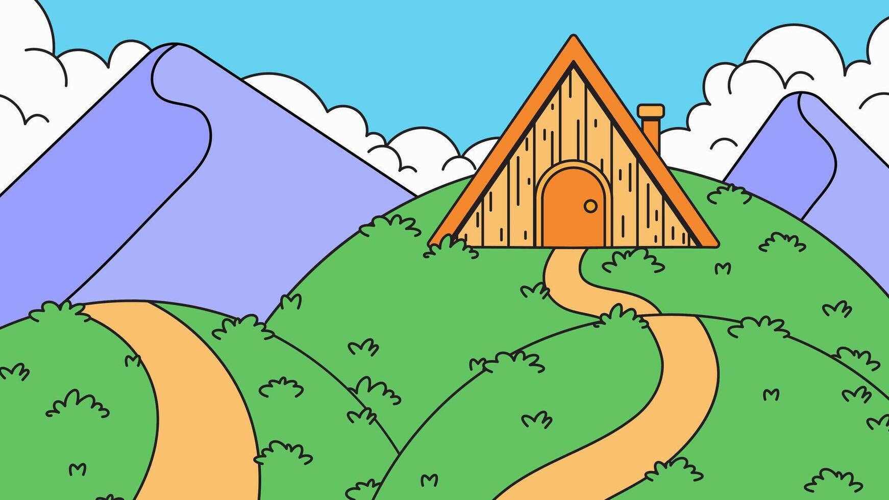 Cabin in the hills and mountain with sky background illustration cartoon hand drawn vector