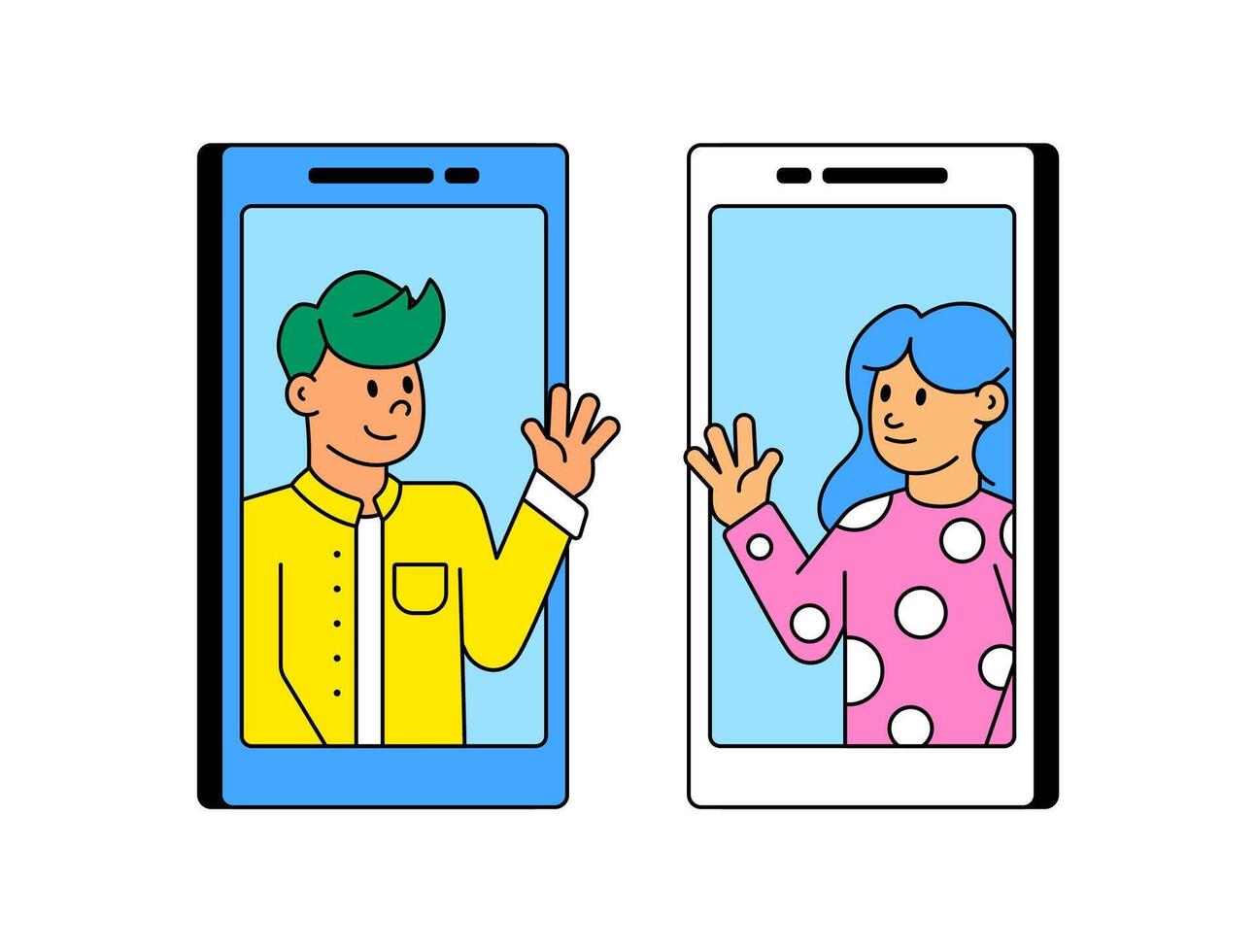 Two people waving at each other through smartphones cartoon illustration vector
