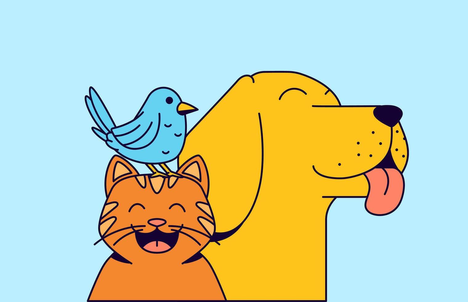 Happy dog, cat, and bird together in harmony cartoon hand drawn vector