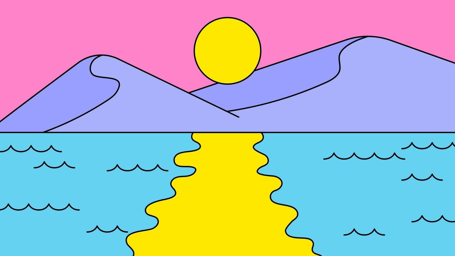 Bright sun rising over mountains and shimmering water cartoon hand drawn vector