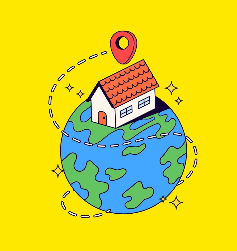 House on earth with red location marker cartoon illustration hand drawn vector