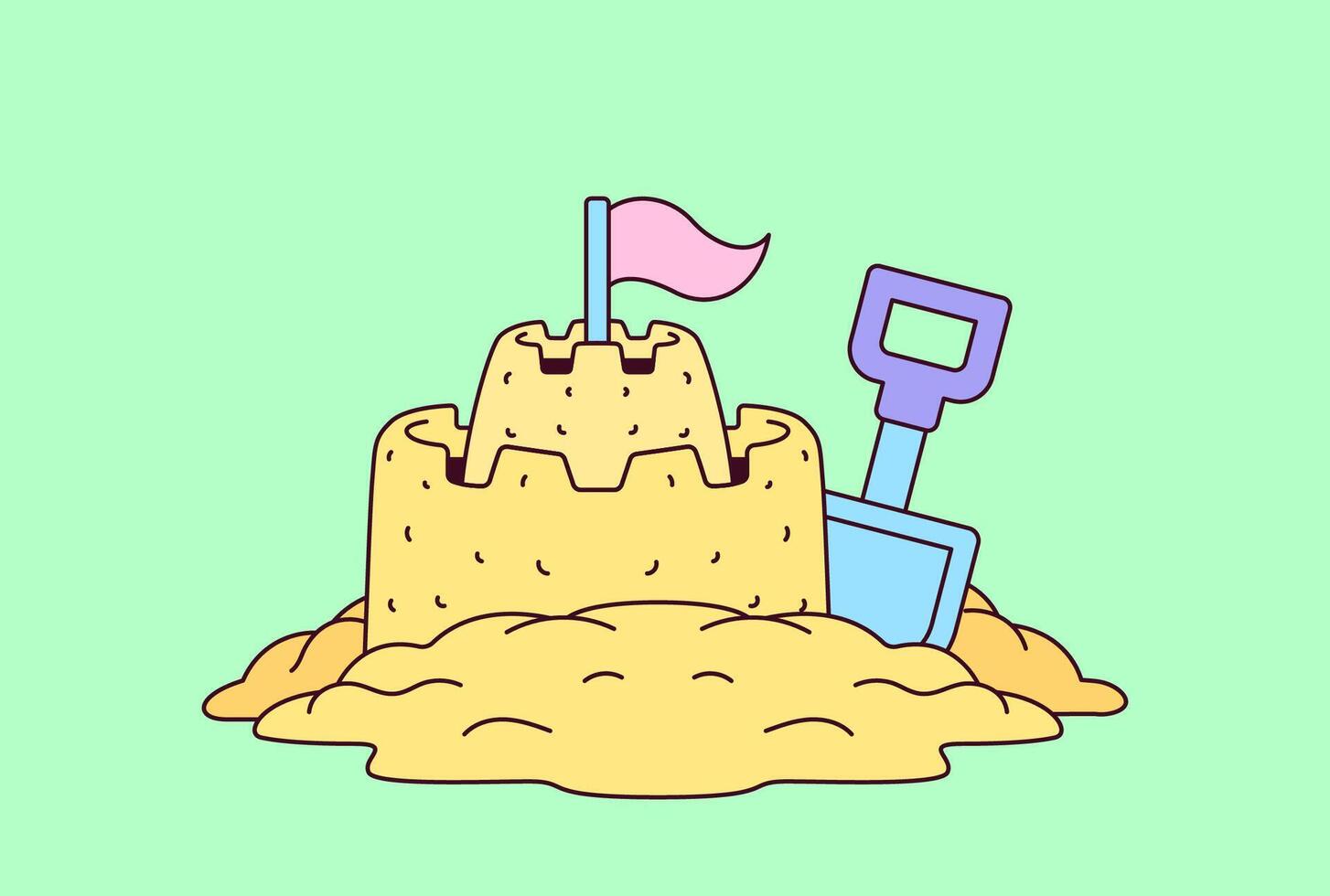 Sandcastle and shovel cartoon hand drawn vector