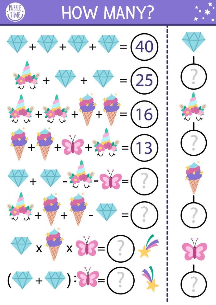 Fairytale how many crystals game, equation or rebus. Unicorn math activity for school children. Magic world simple printable counting worksheet for kids with ice cream, butterfly, horn vector