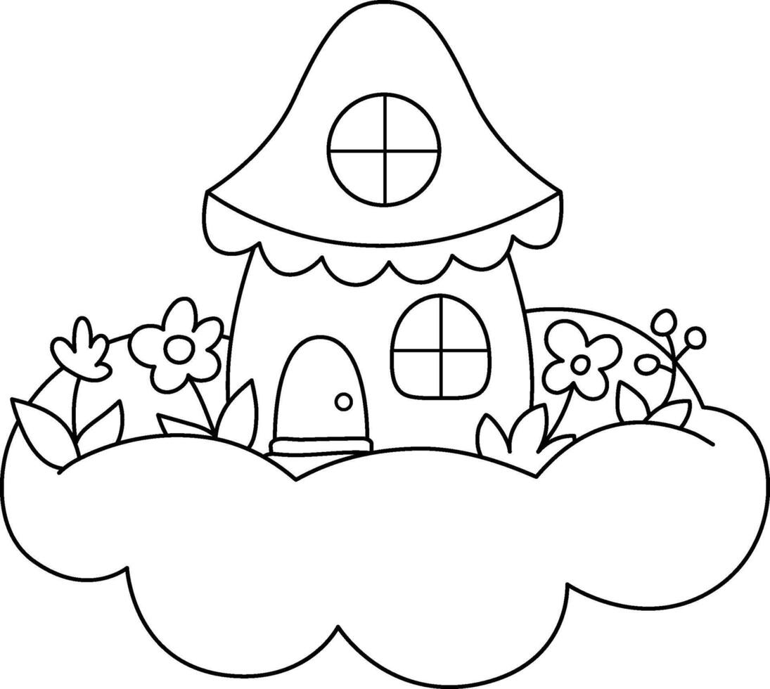 black and white fairy or unicorn house on cloud. Fantasy line world home icon with flower garden, purple roof, ladder. Fairy tale princess house outline illustration or coloring page vector
