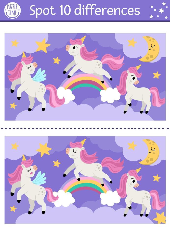 Find differences game for children with unicorns. Fairytale educational activity with horse with horn, rainbow, magic night landscape background. Cute puzzle for kids with funny fantasy character vector