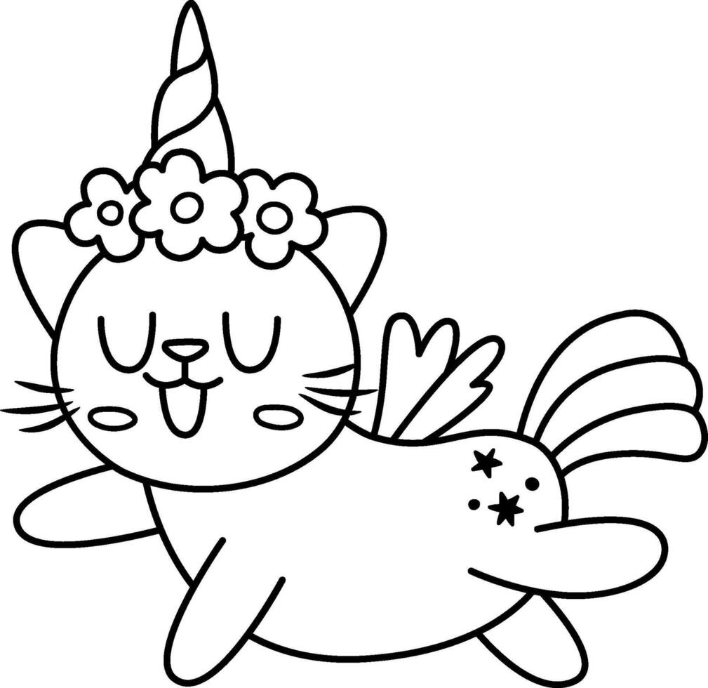black and white happy cat unicorn. Fantasy line animal with rainbow horn, tail, flowers on head, wings, stars. Fairytale character for kids. Cartoon magic creature icon or coloring page vector