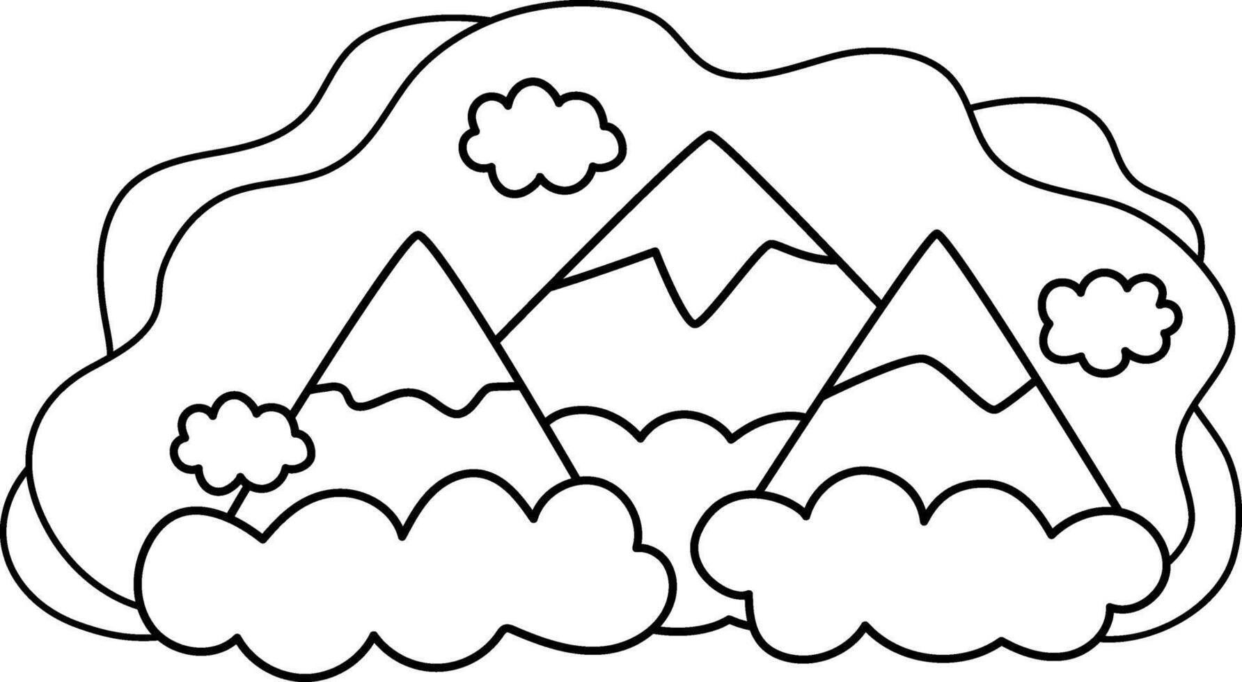 black and white magic mountains landscape. Fairytale world line concept with hills and clouds. Fantasy outdoor outline illustration. Cute fairy tale mystical scene or coloring page vector