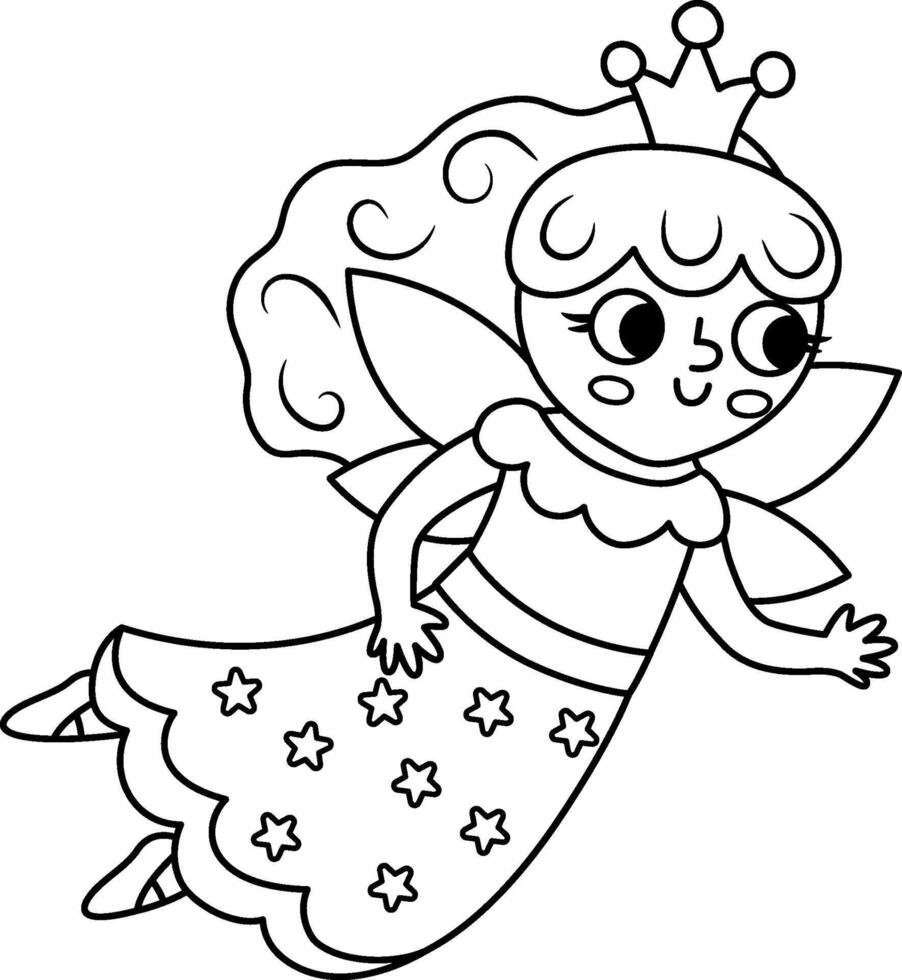 black and white fairy icon. Fantasy outline flying sorceress with crown. Fairytale line character in dress with stars. Cartoon magic princess with wings outline picture coloring page vector