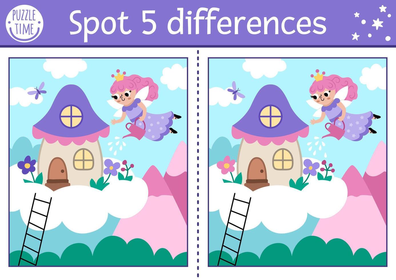 Unicorn find differences game for children. Fairytale educational activity with fairy girl watering flowers, on magic nature background with house on cloud. Cute puzzle for kids with fantasy character vector