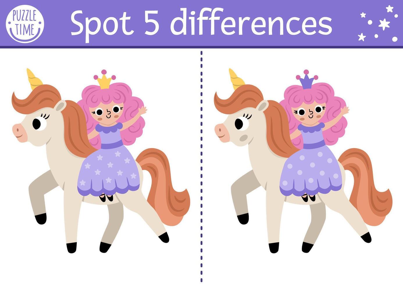 Unicorn find differences game for children. Fairytale educational activity with fairy girl riding horse. Cute puzzle for kids with funny fantasy characters. Printable worksheet, page for attention vector