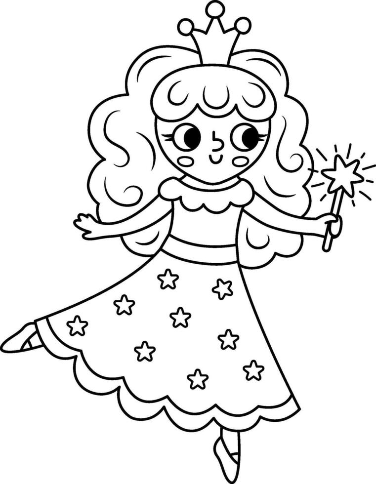 black and white fairy icon. Fantasy outline sorceress with magic wand and crown. Fairytale line character in purple robe with stars. Cartoon magic princess outline picture coloring page vector