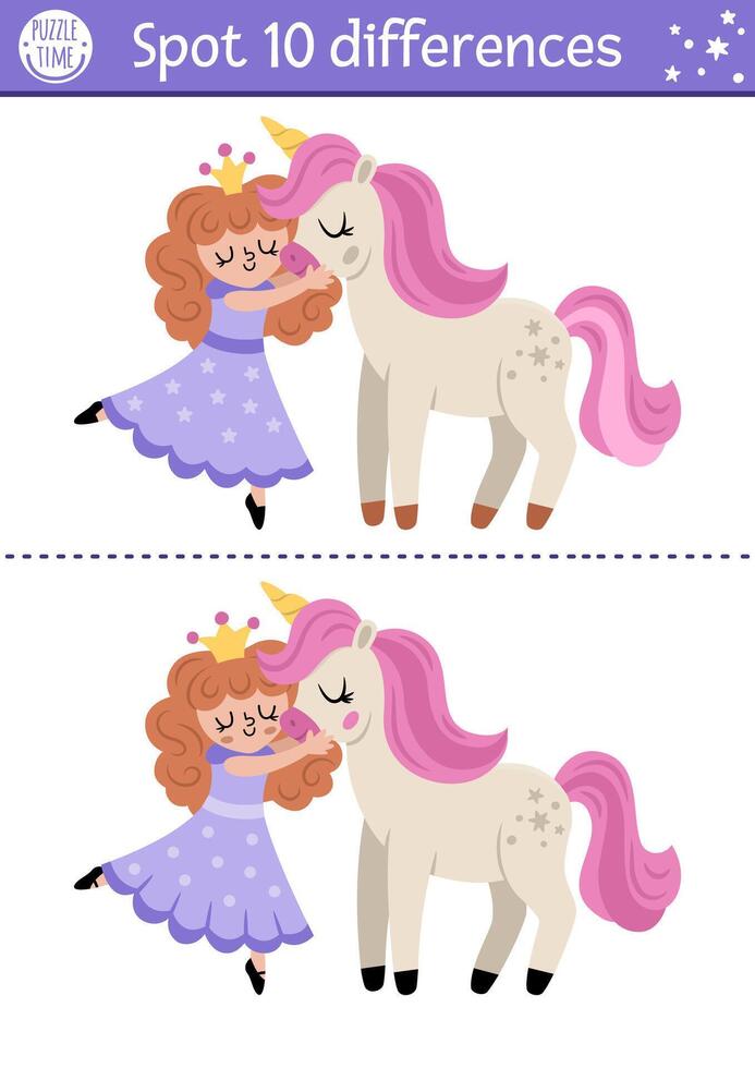 Unicorn find differences game for children. Fairytale educational activity with fairy girl hugging horse. Cute puzzle for kids with funny fantasy characters. Printable worksheet, page for attention vector