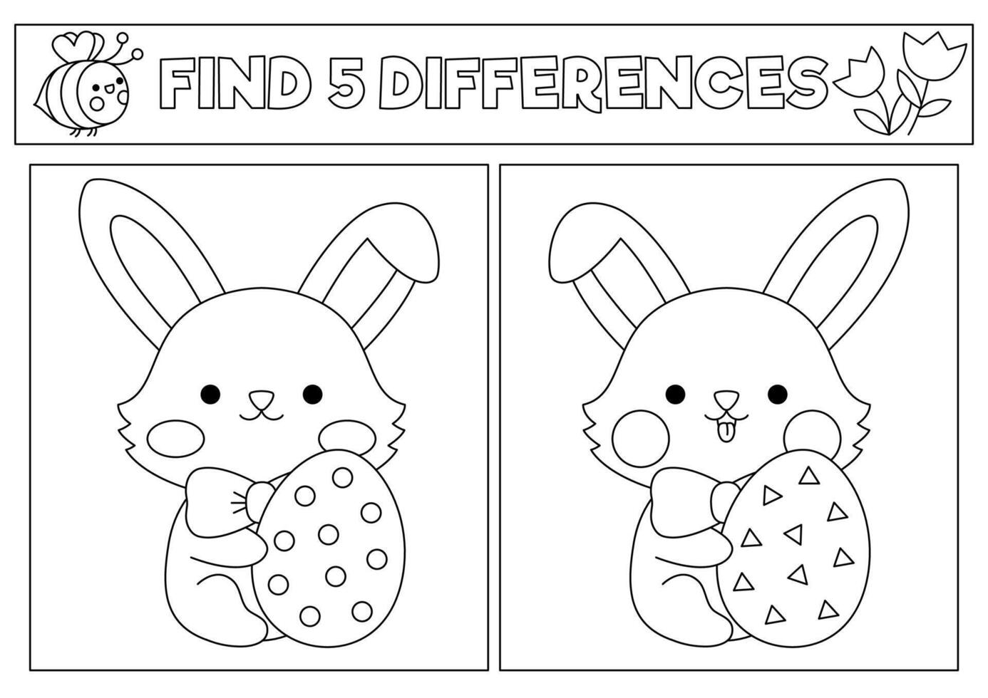 Easter black and white kawaii find differences game. Coloring page with cute bunny sitting with egg. Spring holiday puzzle or activity for kids. Printable what is different worksheet vector