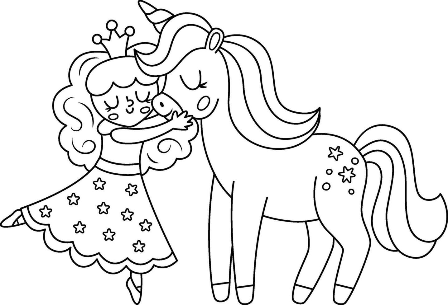 black and white fairy icon. Fantasy sorceress with crown hugging a unicorn. Fairytale line character in dress with stars. Cartoon magic outline picture coloring page vector