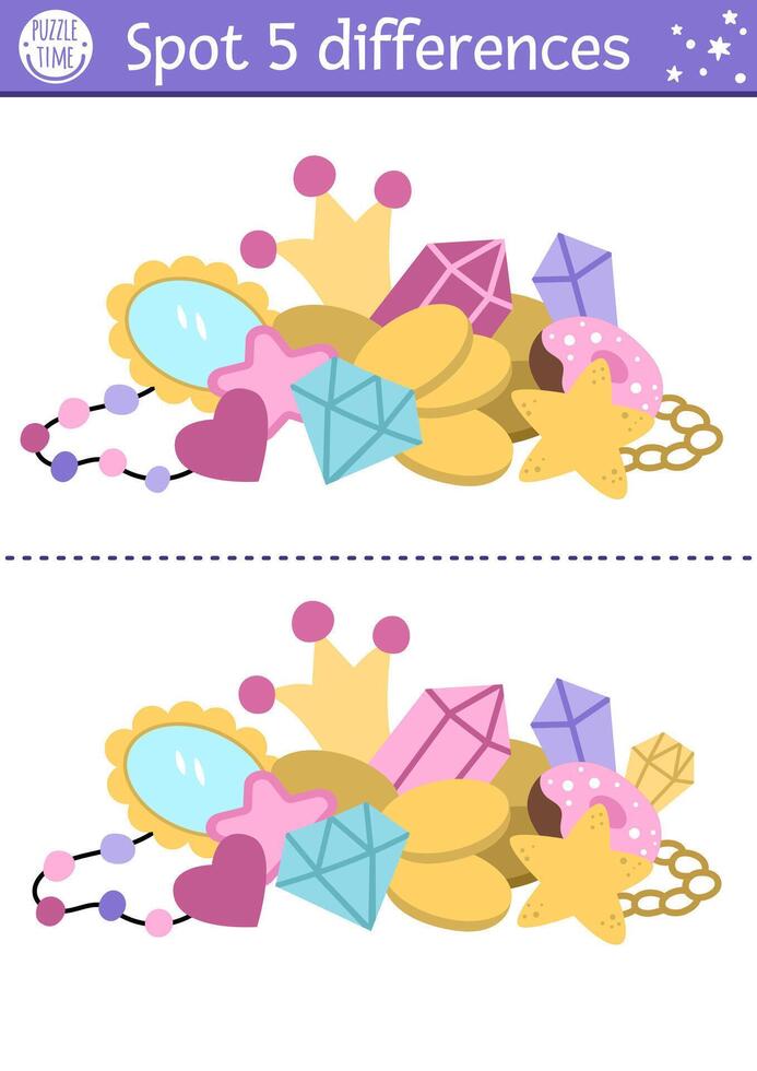 Find differences game for children with unicorn treasures. Fairytale educational activity with crystals heap with crown. Cute puzzle for kids with funny fantasy characters. Printable worksheet, page vector
