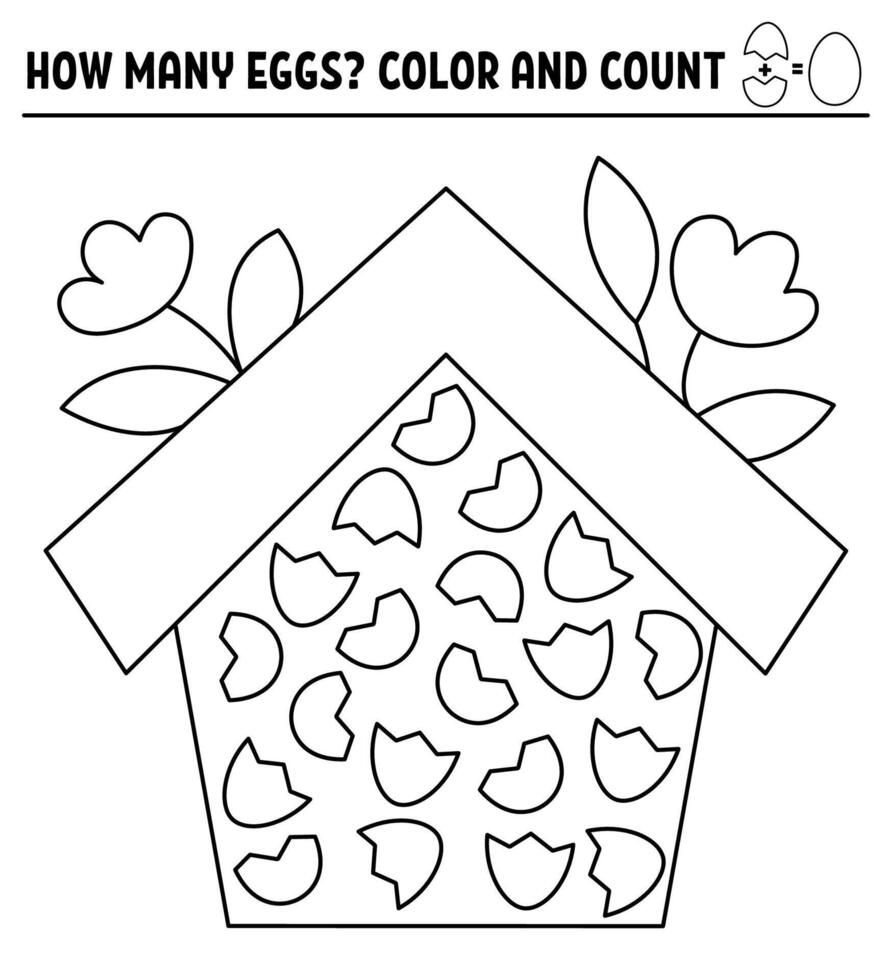 black and white Easter coloring and math puzzle with bird house and eggs halves. Find the half and count. Logical printable counting activity for kids. Cute spring worksheet or coloring page vector