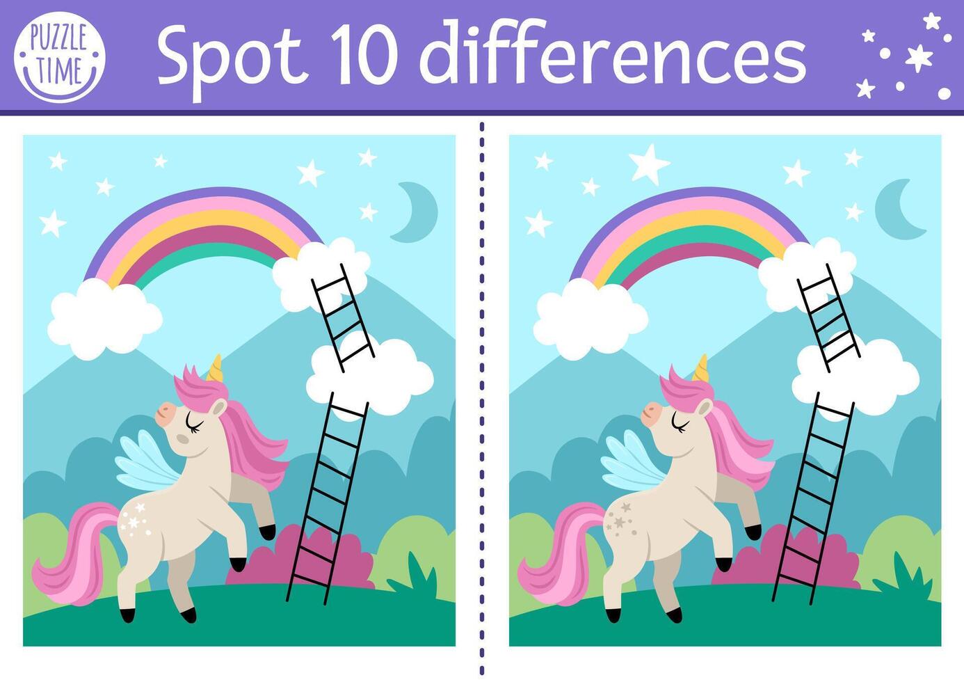 Unicorn find differences game for children. Fairytale educational activity with horse with horn, rainbow, magic night landscape background. Cute puzzle for kids with funny fantasy character vector