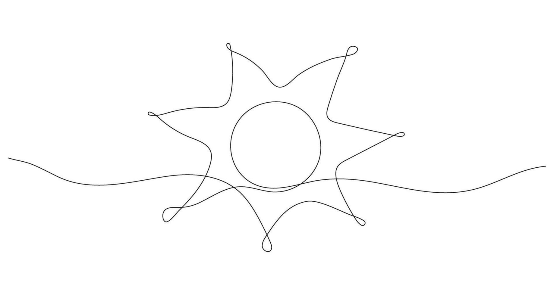 Sun in Continuous one line art. Single sketch sunny summer travel concept. Icon hot bright sky weather happy holiday vacation element illustration. Editable stroke. vector