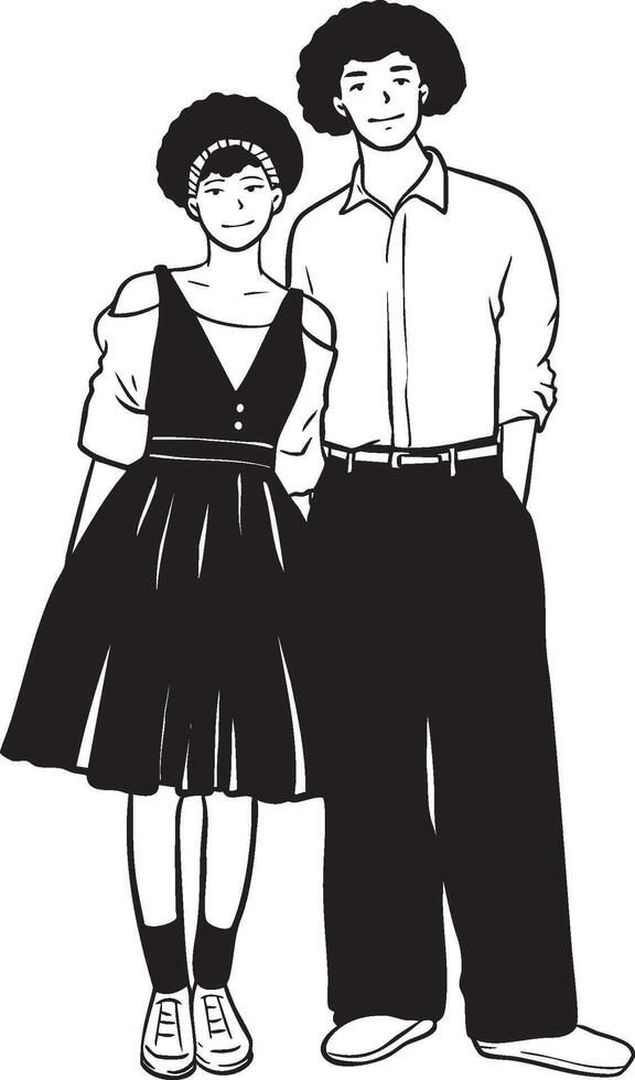 line art afro couple in cute clothes vector