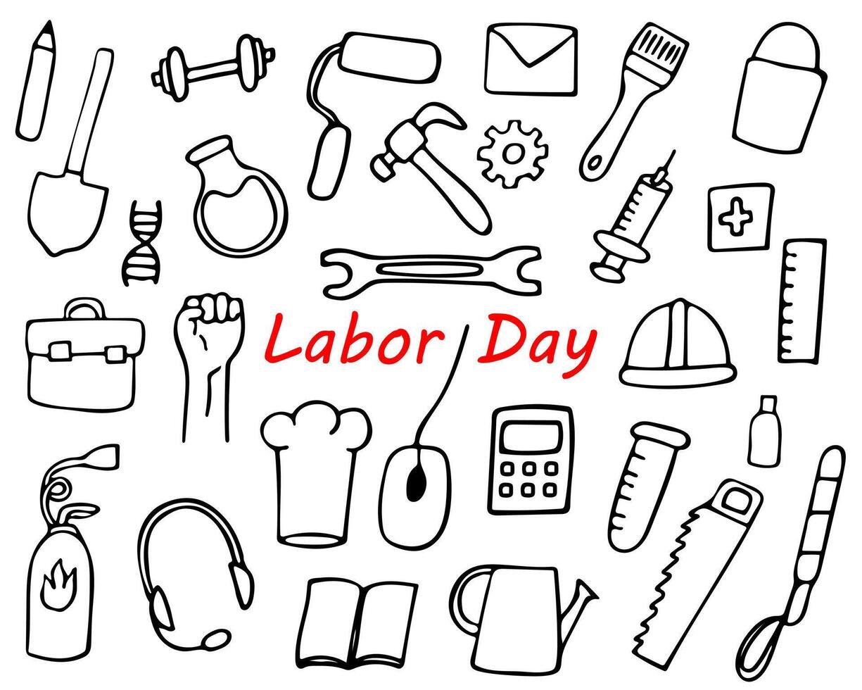 set of labor day doodle elements, hand drawn doodles of different professions vector