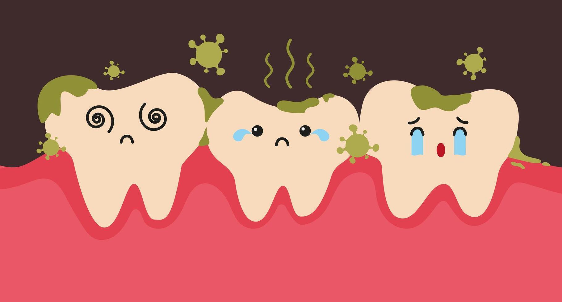 Dirty teeth cartoon character with food and bad breath in flat design. Smelly mouth concept illustration. vector
