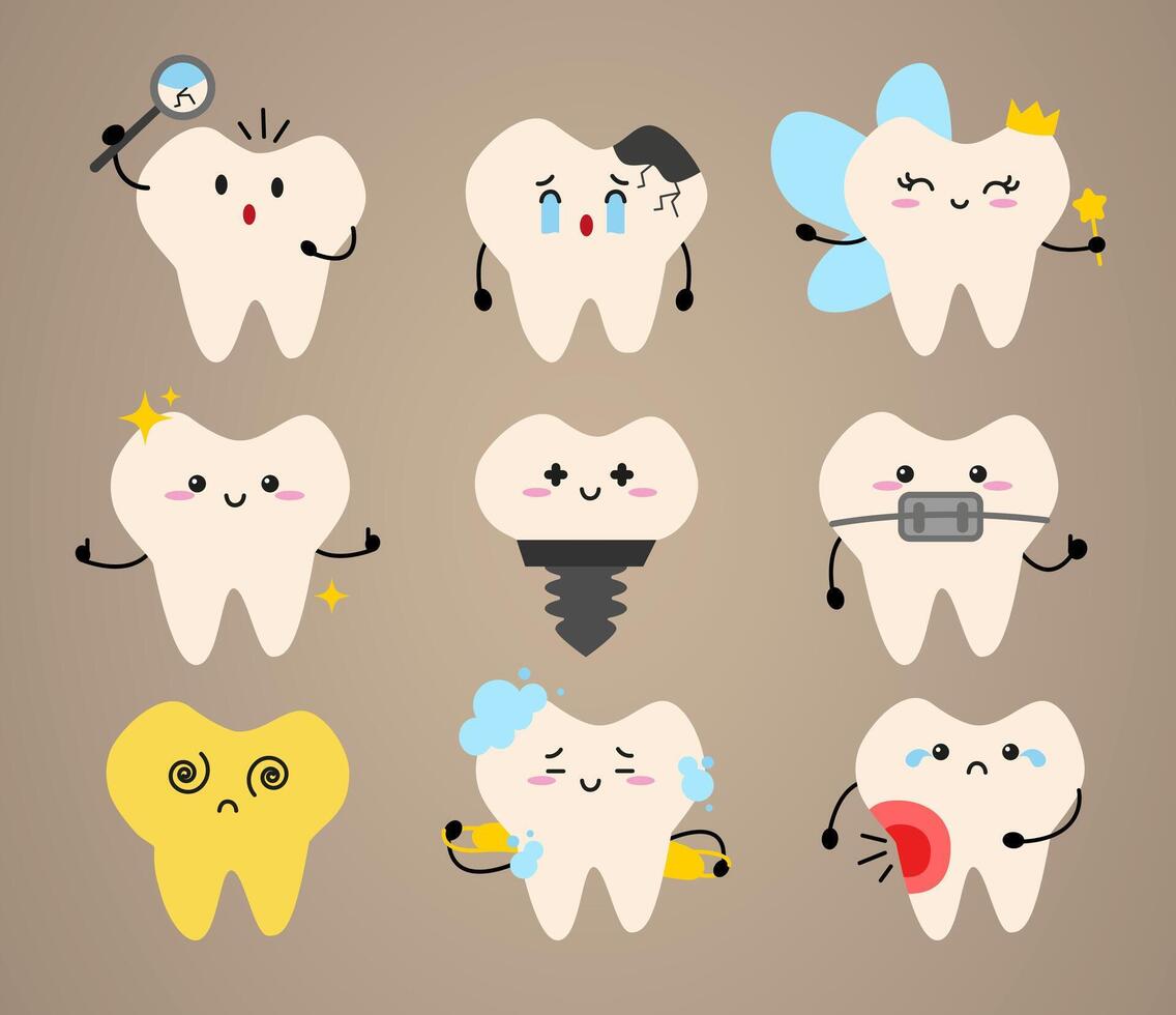 Kawaii Teeth Set Cute Dental Cartoon Characters. Templates for children's dentistry, for websites and social networks vector