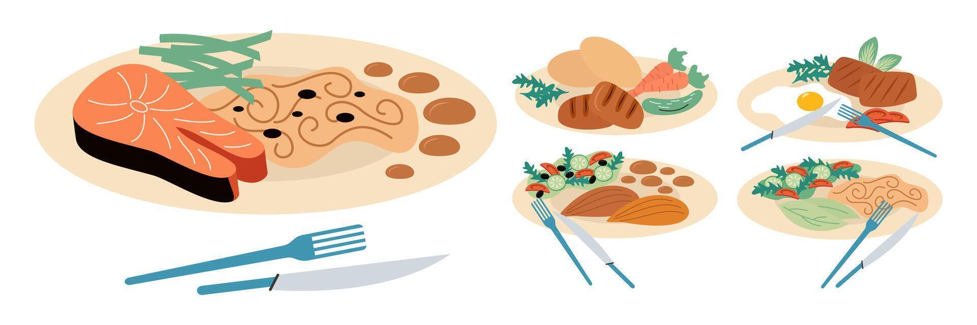 Flat Illustrated Healthy and Balanced Meals. Breakfast, Salad and Light Meals set vector