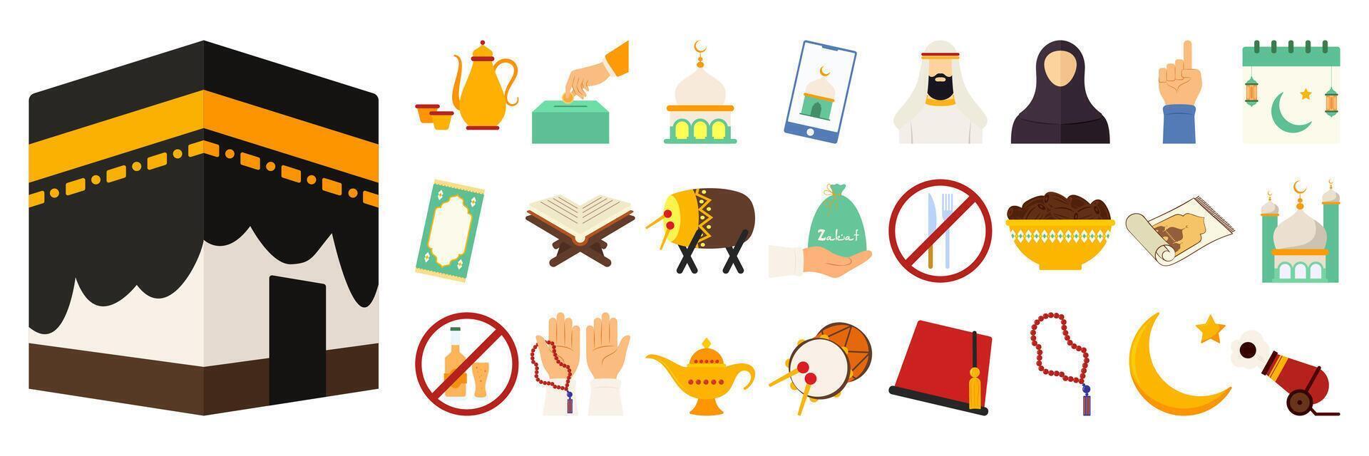 Ramadan Symbols and Traditions Flat Illustrated. Items like Mosque, Crescent, Dates, and Prayer Beads Set vector