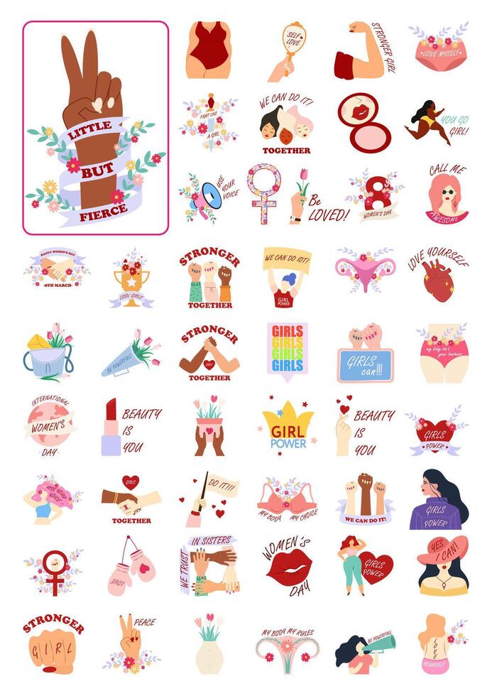 Celebrating International Womens Day Empowerment Set. Love and Strength. Strong woman. Girl Power. vector