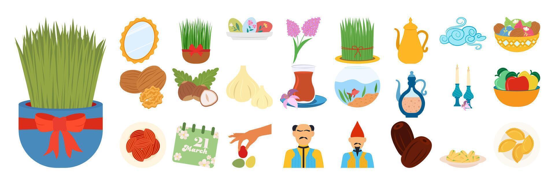 Nowruz Traditions, Characters, and Symbols Flat Illustration. Celebration Foods set vector