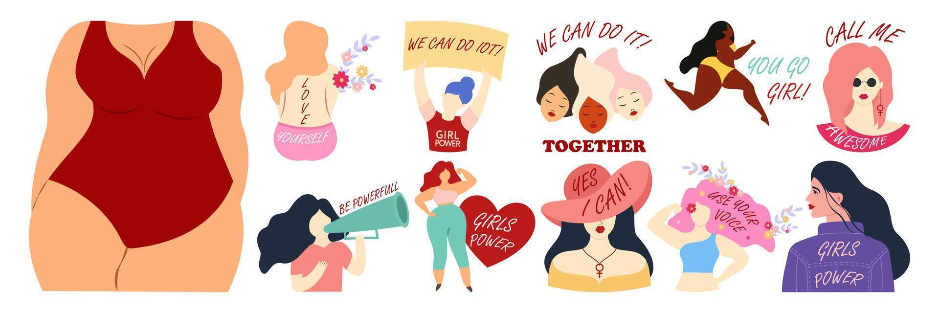 International Womens Day Empowerment Set. Love and Strength. Strong woman. Girl Power. vector