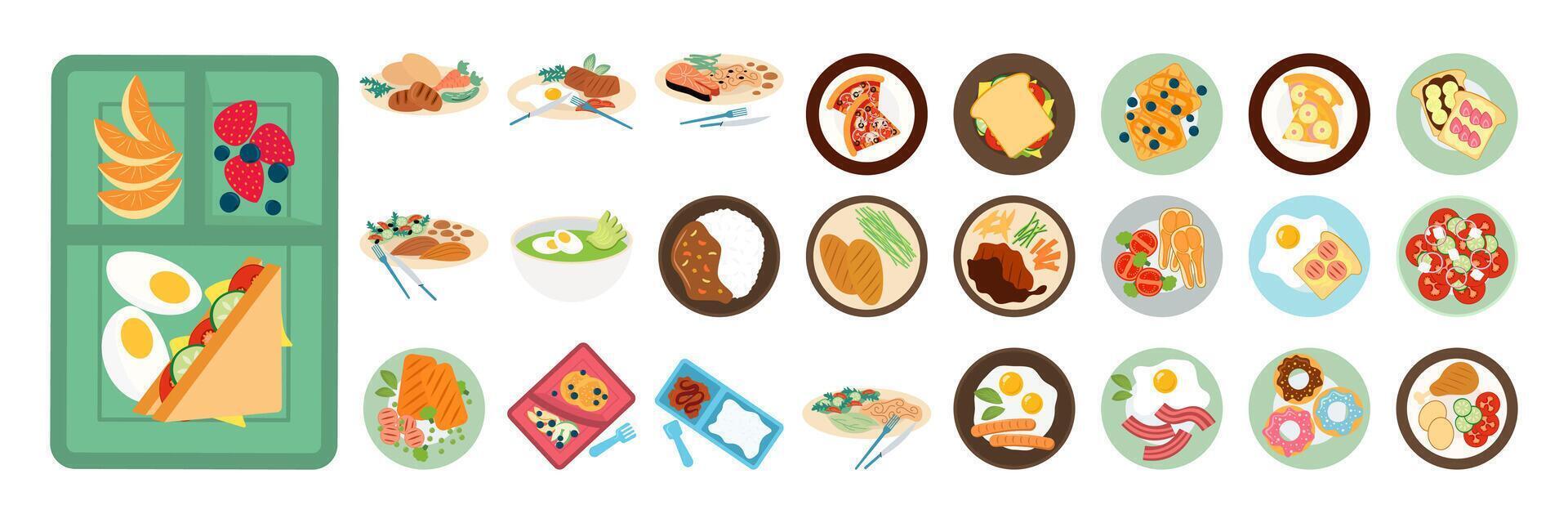 Flat Illustrated Healthy, and Balanced Meals. Breakfast, Salad and Light Meals set. vector