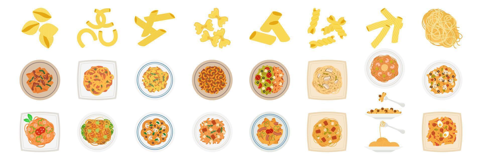Colorful pasta dishes with various topping. Flat Illustration Pasta and Salad Combinations Set. vector