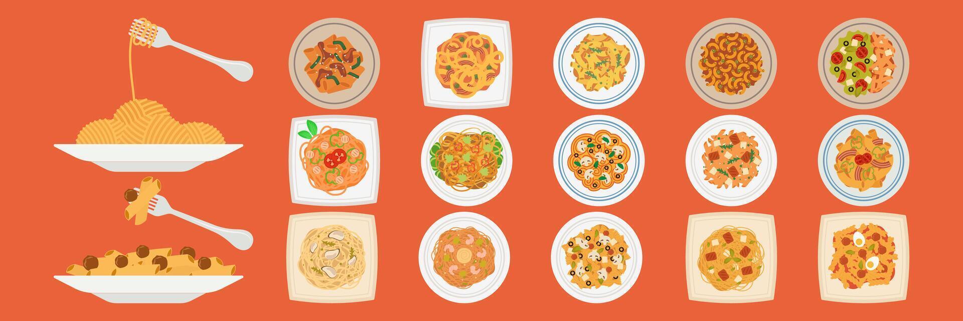Colorful pasta dishes with various topping. Flat Illustration Pasta and Salad Combinations Set vector