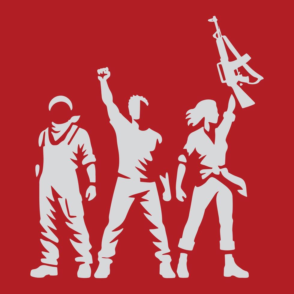 One person holds a flag, another raises their fist, and the third wields a weapon. vector