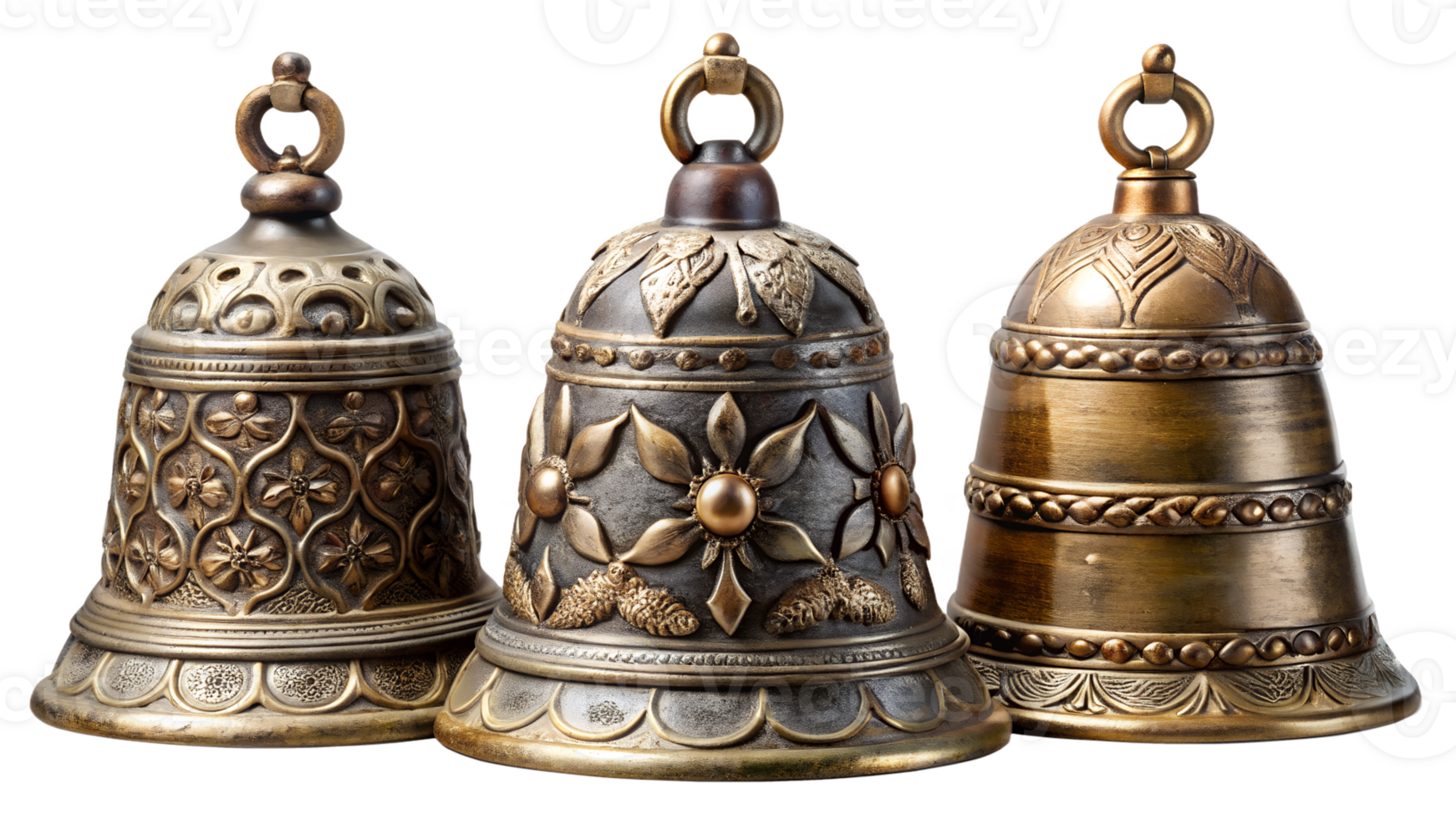 3 Vintage decorative bells collection antique metal craftsmanship background. png