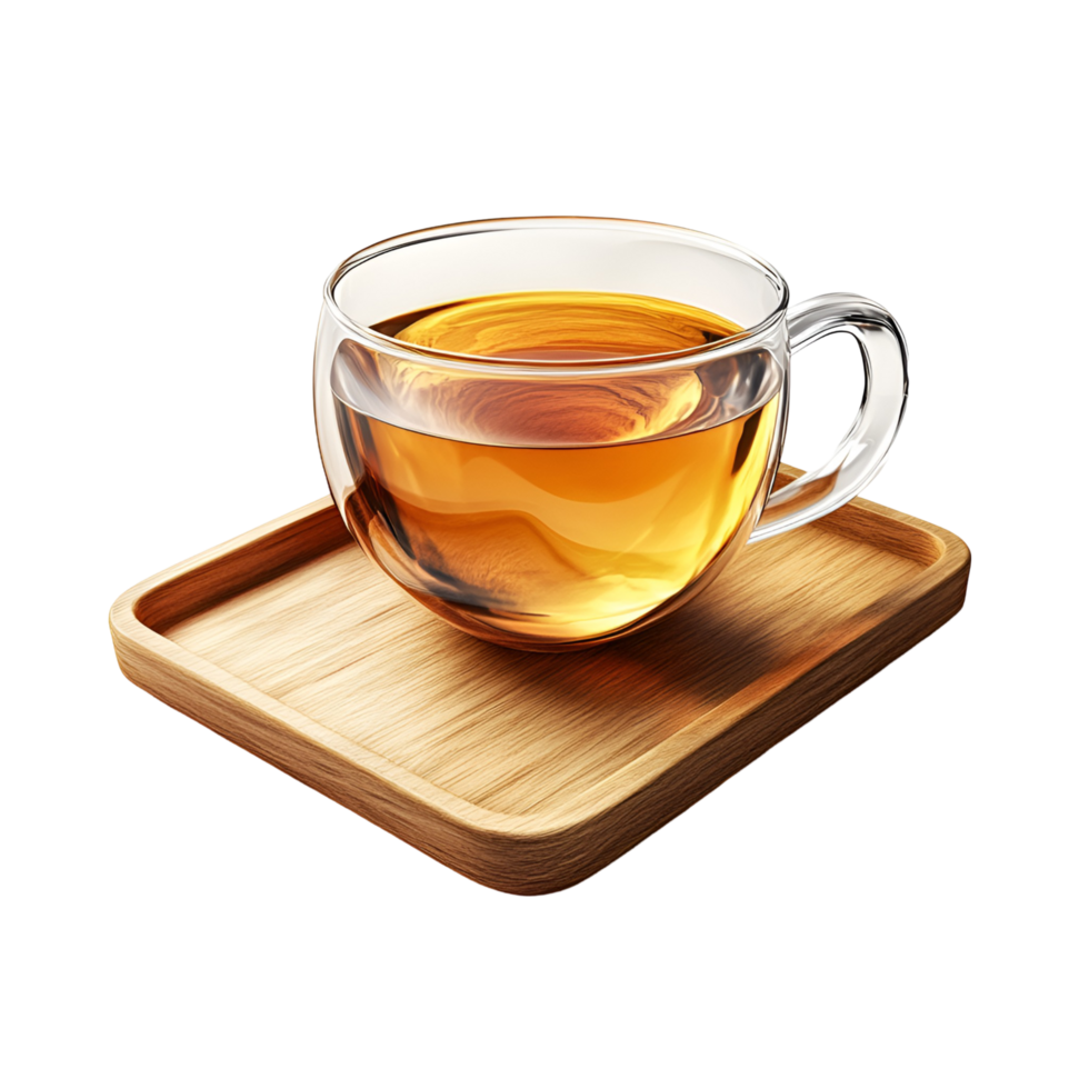 cup of tea on wooden tray on transparent background png