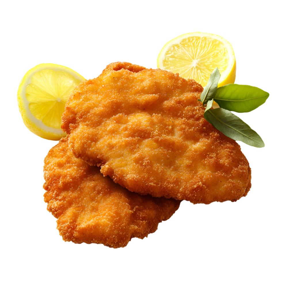 chicken schnitzel with lemon slices and leaves transparent background png