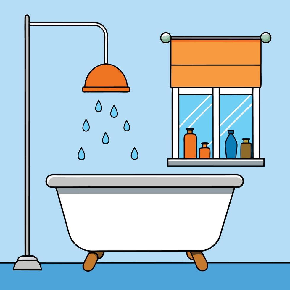 Modern Bathroom with Shower, Bathtub, and Window with Curtains vector