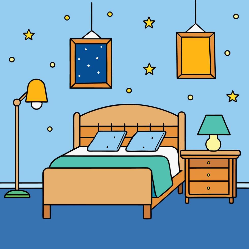 Cozy Bedroom with Starry Wall Decor , Warm Lighting vector