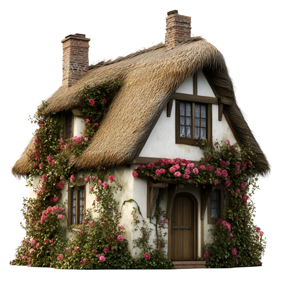 a thatched cottage with roses on the roof transparent background png