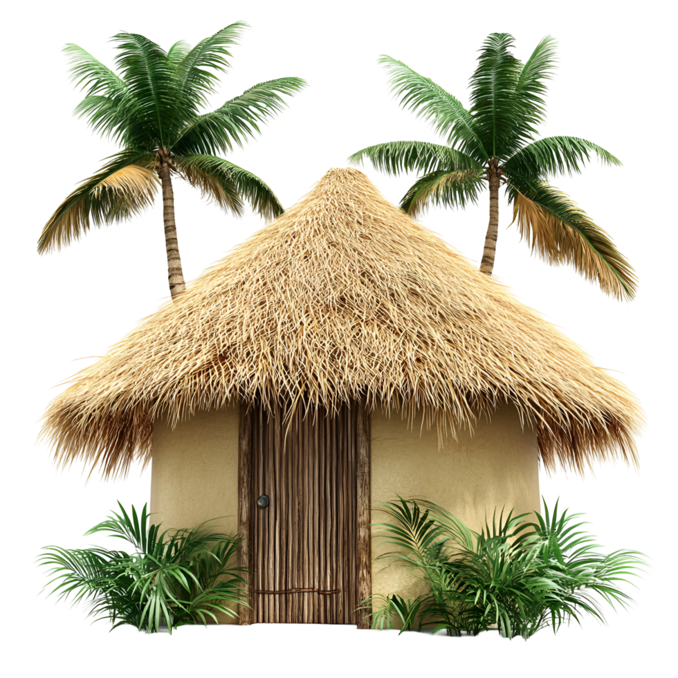tropical hut with palm trees and thatched roof transparent background png